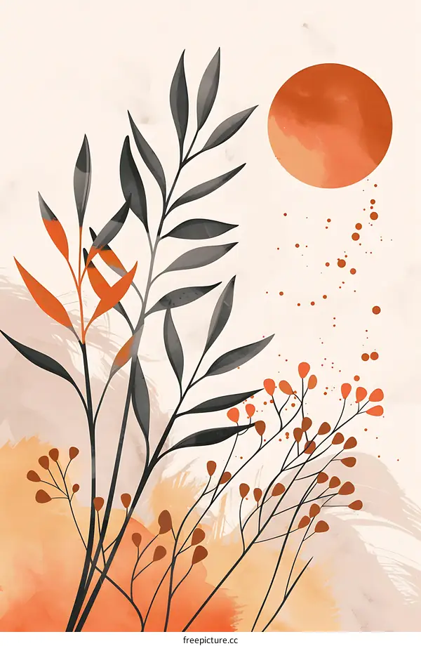 Abstract Minimalist Watercolor Art Print with Branches and Orange Sun