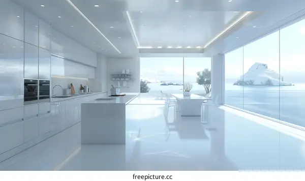Modern minimalist white kitchen with large windows overlooking the ocean