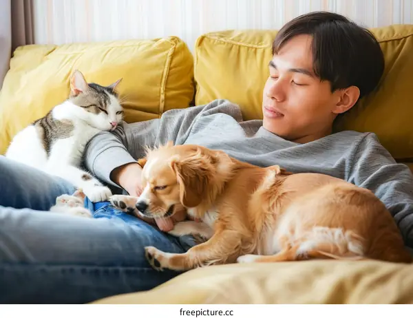 A young man is sleeping on the couch with a cat and a dog
