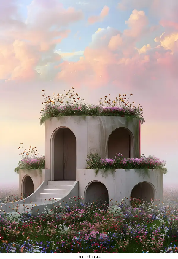 Minimalist Concrete Structure Surrounded by Flowers in a Field with a Pink Sky