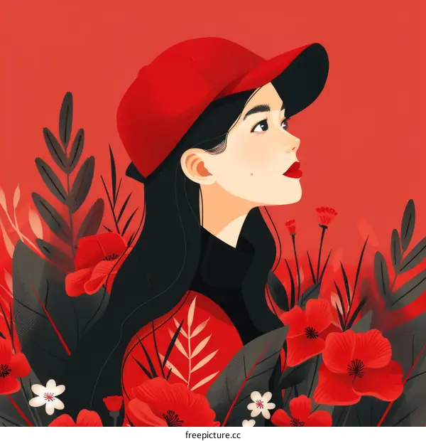 A Young Woman Surrounded by Red Flowers and Plants