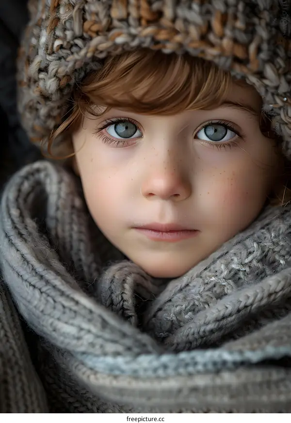 A red-haired girl wearing a gray scarf and hat