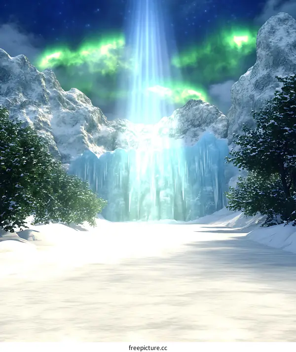 Snowy Mountain Landscape with Aurora Borealis