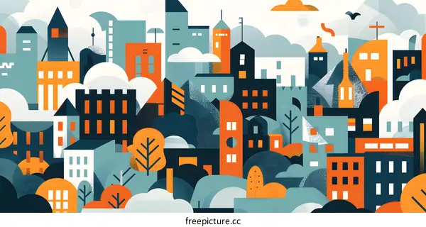 Abstract Cityscape Illustration with Buildings and Clouds
