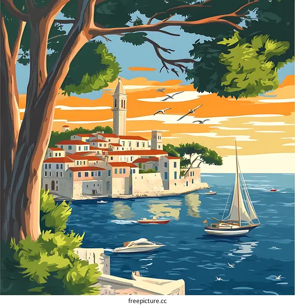 Sunset View of a Coastal Town with Boats