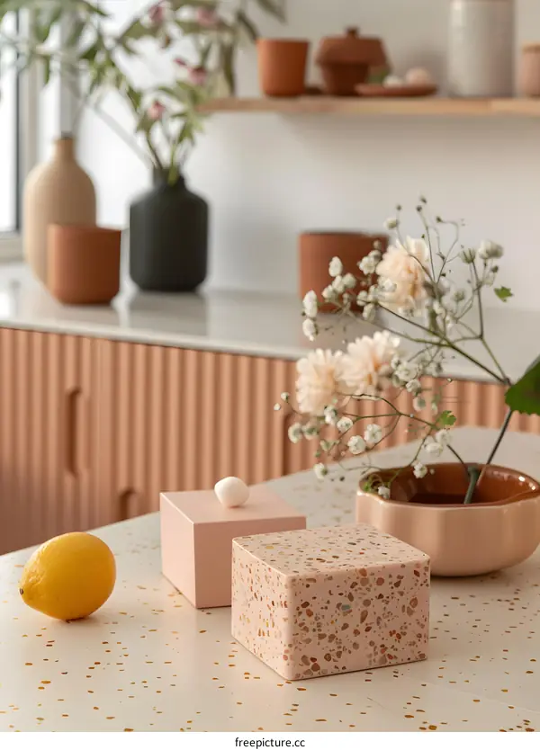 Pink Terrazzo Decor Boxes on White Table