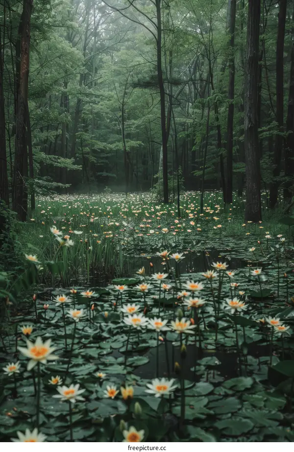 Mystical pond in the middle of a lush green forest