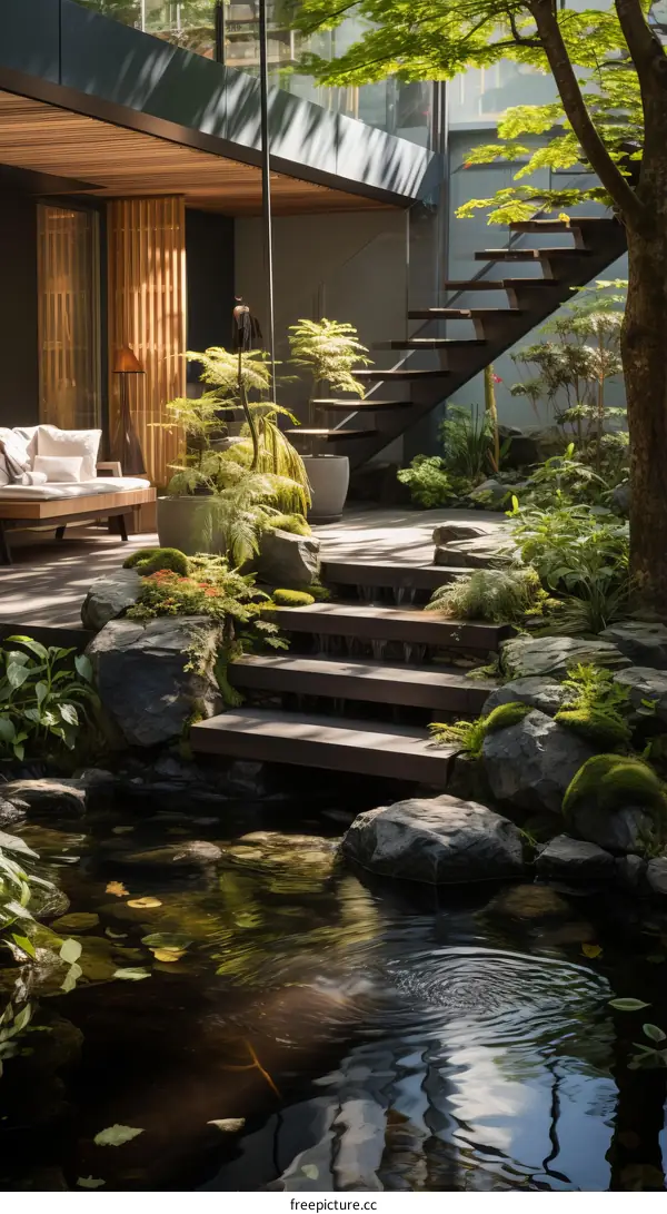 Zen Garden with Lush Greenery and Stone Steps