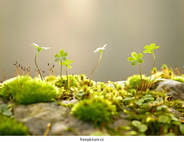 Close Up View of Green Plants Growing on Moss Covered Rock