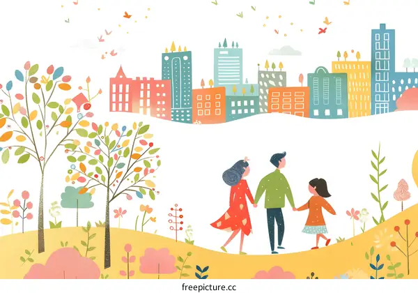 Family Walking in the City Park Illustration