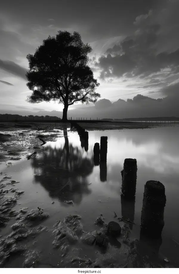 A lonely tree stands in a vast field of water with clouds overhead