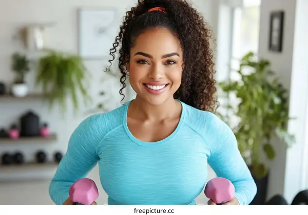 Smiling Woman Working Out With Dumbbells