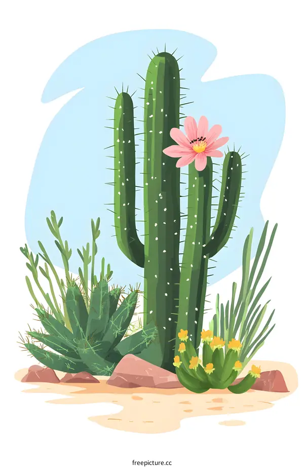 Desert Cactus Illustration With Pink Flower