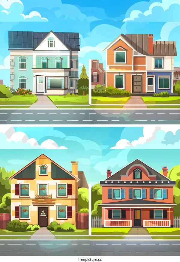Cartoon Illustration of Four Houses in a Neighborhood