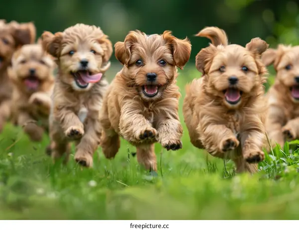 A pack of puppies is running on the grass