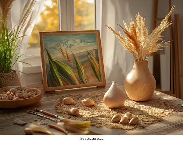 Still Life with Wooden Vase, Dried Grass and Wooden Bulbs