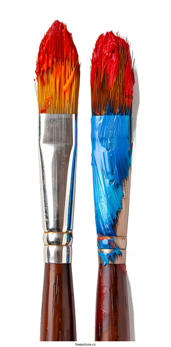 [Transparent Background PNG]Two paintbrushes with red and blue paint
