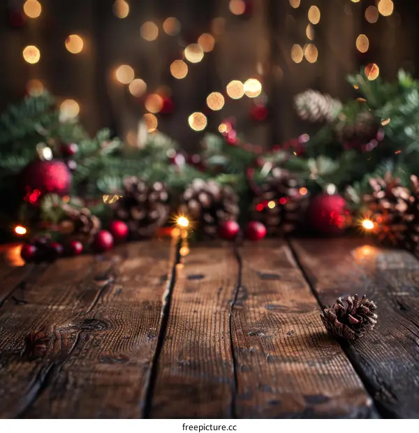 Rustic Christmas background with pine cones, ornaments and lights