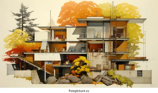 Modern house with large windows and a beautiful garden