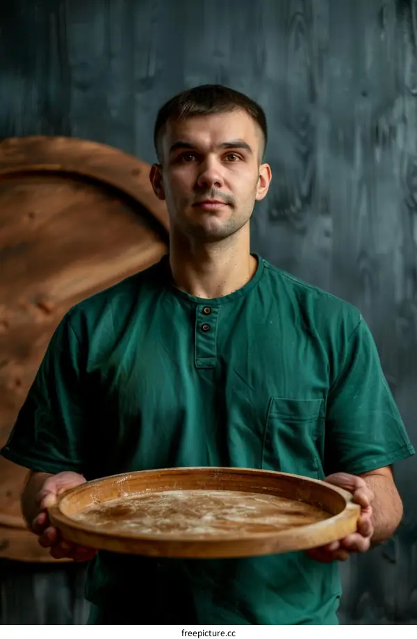 Portrait of a baker holding an empty wooden tray