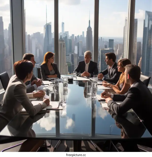 A group of people are sitting around a table having a meeting