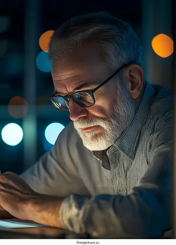 Focused Man Working Late at Night With Glasses and a Beard