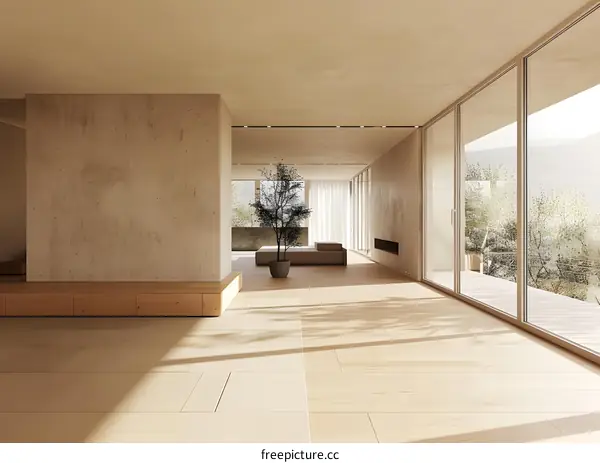 Minimalist Living Room With Concrete Wall And Wooden Floor
