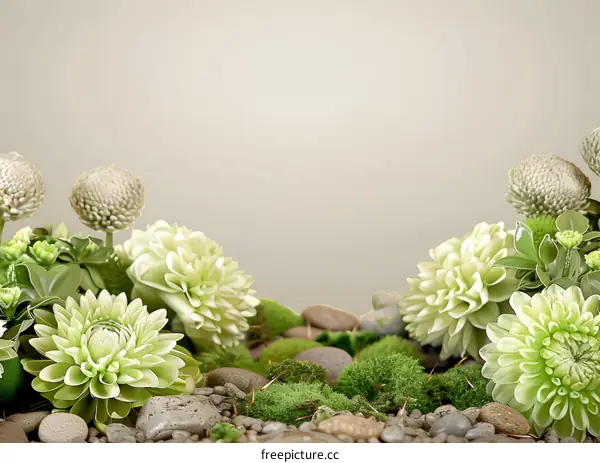 Green Flowers, Moss, Stones, and Nature Background