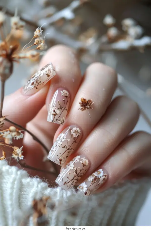 Dried flowers pressed into clear acrylic nails