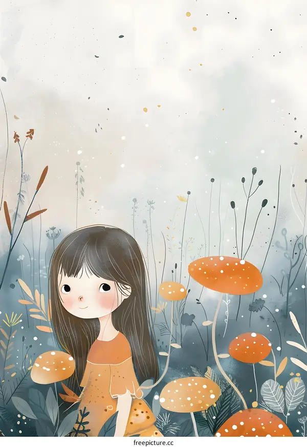 Cute Girl in a Field of Mushrooms