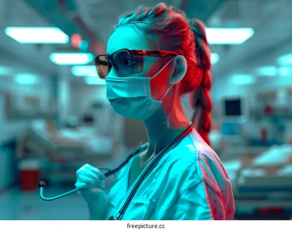 Portrait of a confident female doctor wearing a mask and safety glasses in a hospital