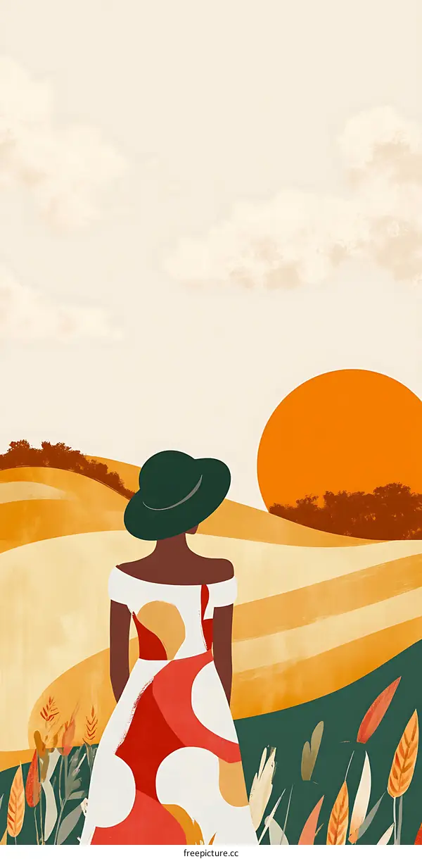 Woman in a Dress and Hat Watching the Sunset