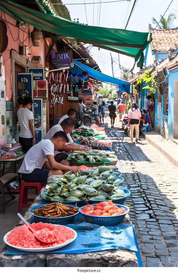 Street Food Market in Vietnam with Colorful Seafood and Fruit
