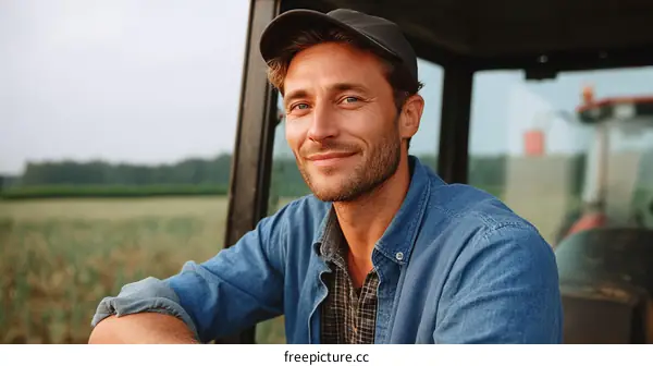 Smiling Farmer in Tractor Cab in Field