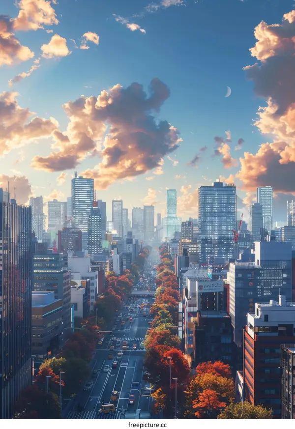 City Street with High-Rise Buildings and Clear Sky