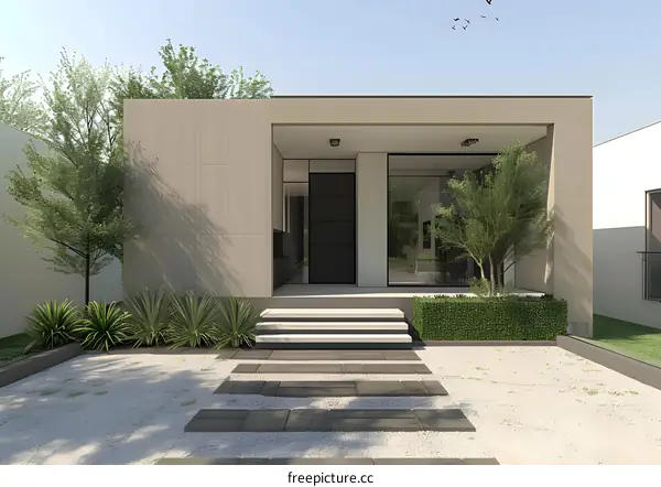 Modern House Entrance with Stone Pathway and Greenery