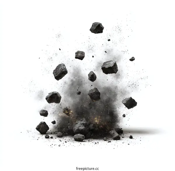 Explosion of Dark Rocks on a White Background