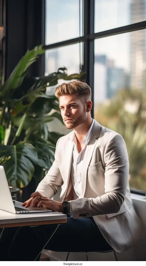 Young male professional working on laptop in modern office space