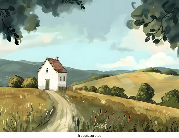 Countryside Cottage with Hills and Green Fields Illustration