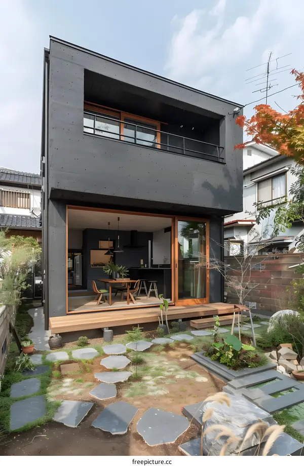 Modern Minimalist Black House With Wooden Deck and Garden