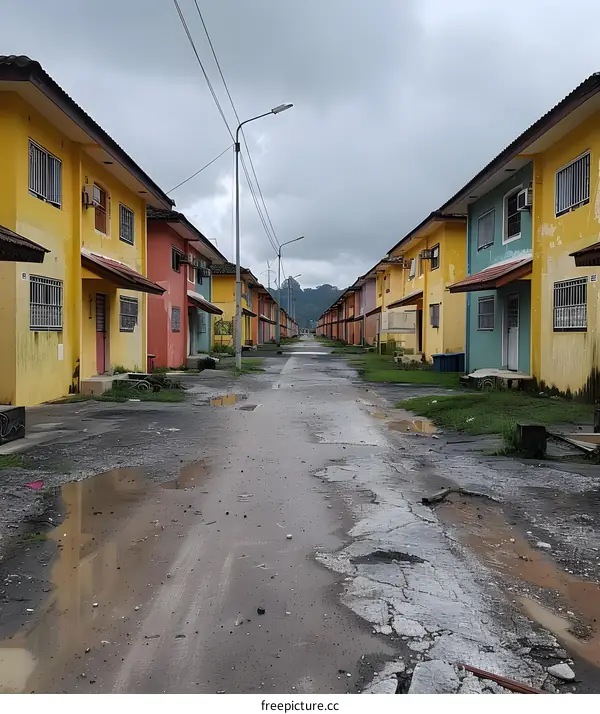 Empty Street In Front of Colorful Houses
