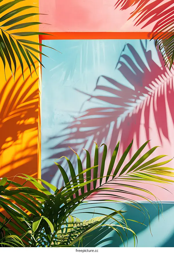 Palm Leaves Shadow on Colorful Wall
