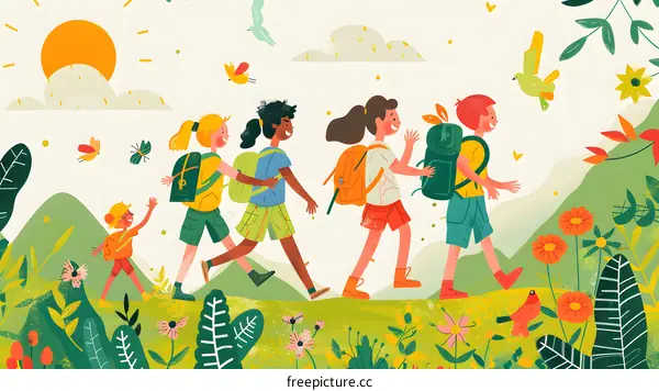 Kids Hiking Through Nature With Backpacks