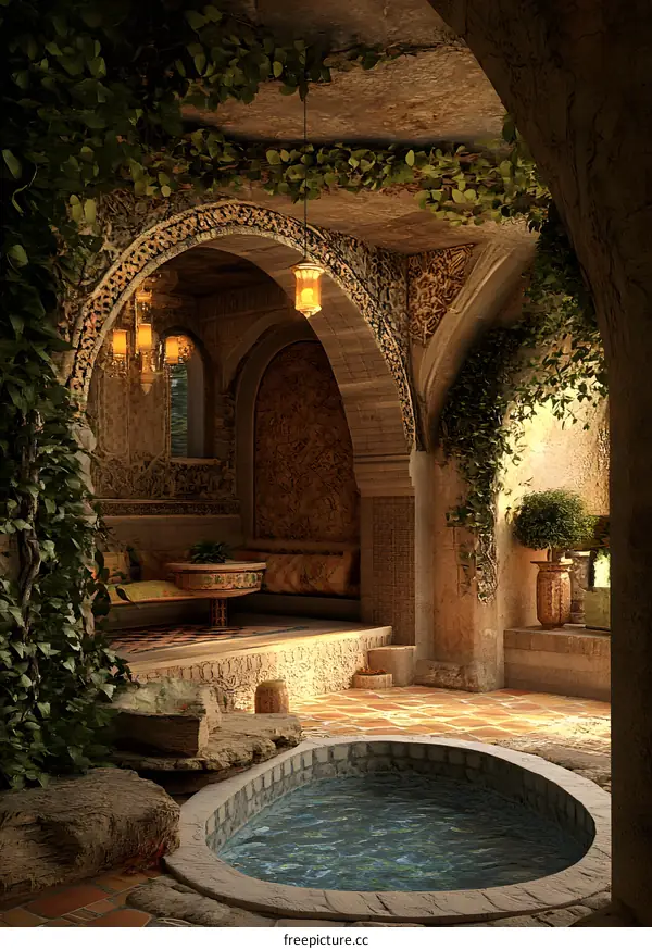 Stone Archway With Pool And Vines