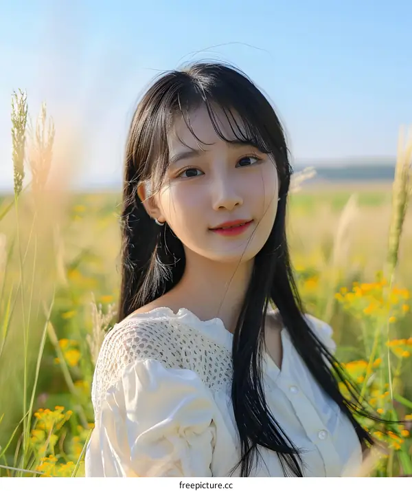 Young Asian Woman in a White Blouse Posing in a Field of Flowers
