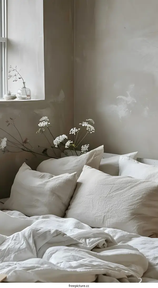 Minimalist Bedroom Interior Design with White Bedding and Flowers