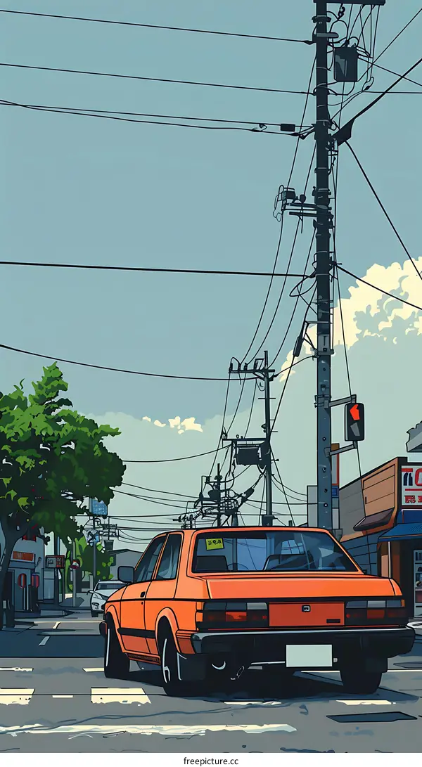 Orange Car on Street with Power Lines