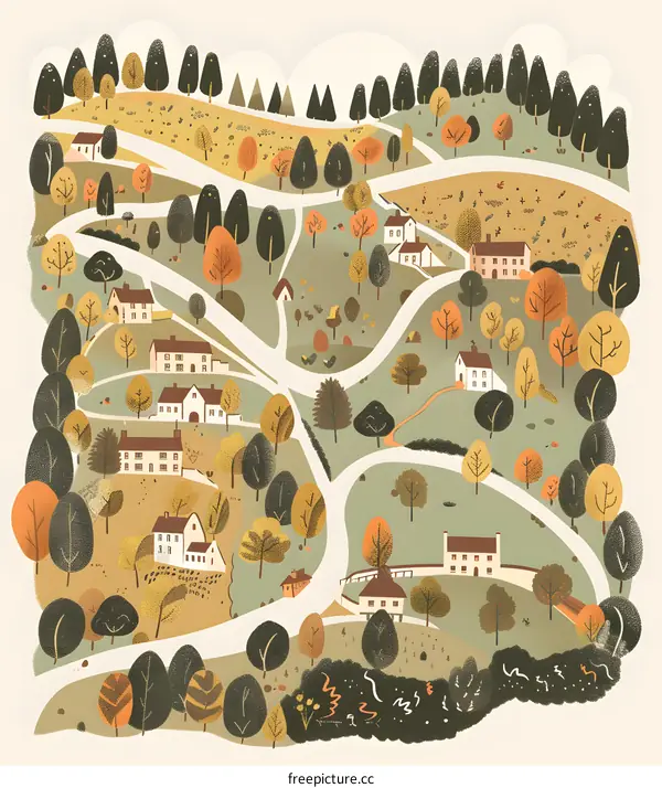 Autumn Village Landscape Illustration With Houses And Trees