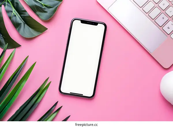 Pink Background With Green Leaves and White Phone Mockup