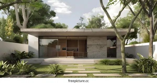 Modern Concrete House with Glass Doors and Surrounding Greenery